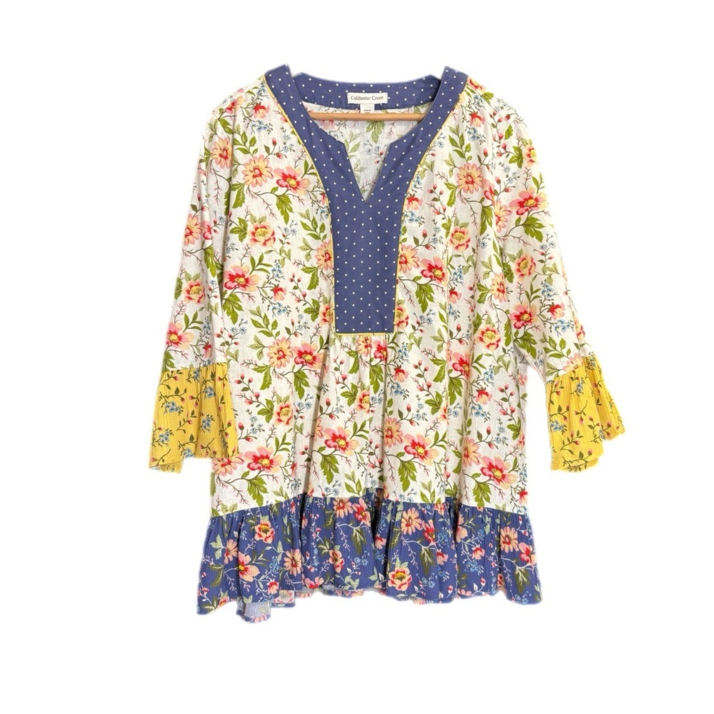 Coldwater Creek floral tunic blouse w/ contrast fabric, ruffle sleeve & hem